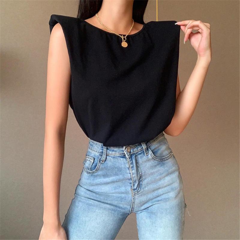 

Women's T-Shirt Women Summer Sleeveless With Shoulder Pads Fashion Gold Color Chain Backless Pullover Top Solid Black Stylish Tee, White