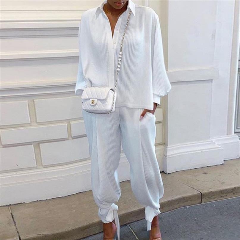 

two piece set womens pants and tracksuits casual solid suit long sleeve loose ropa mujer, White