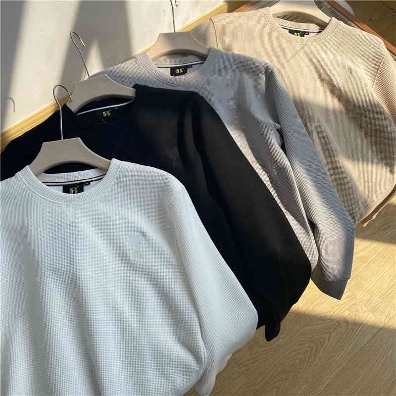

300g cotton waffle solid color round neck sweater autumn and winter leisure trend men's coat, Black