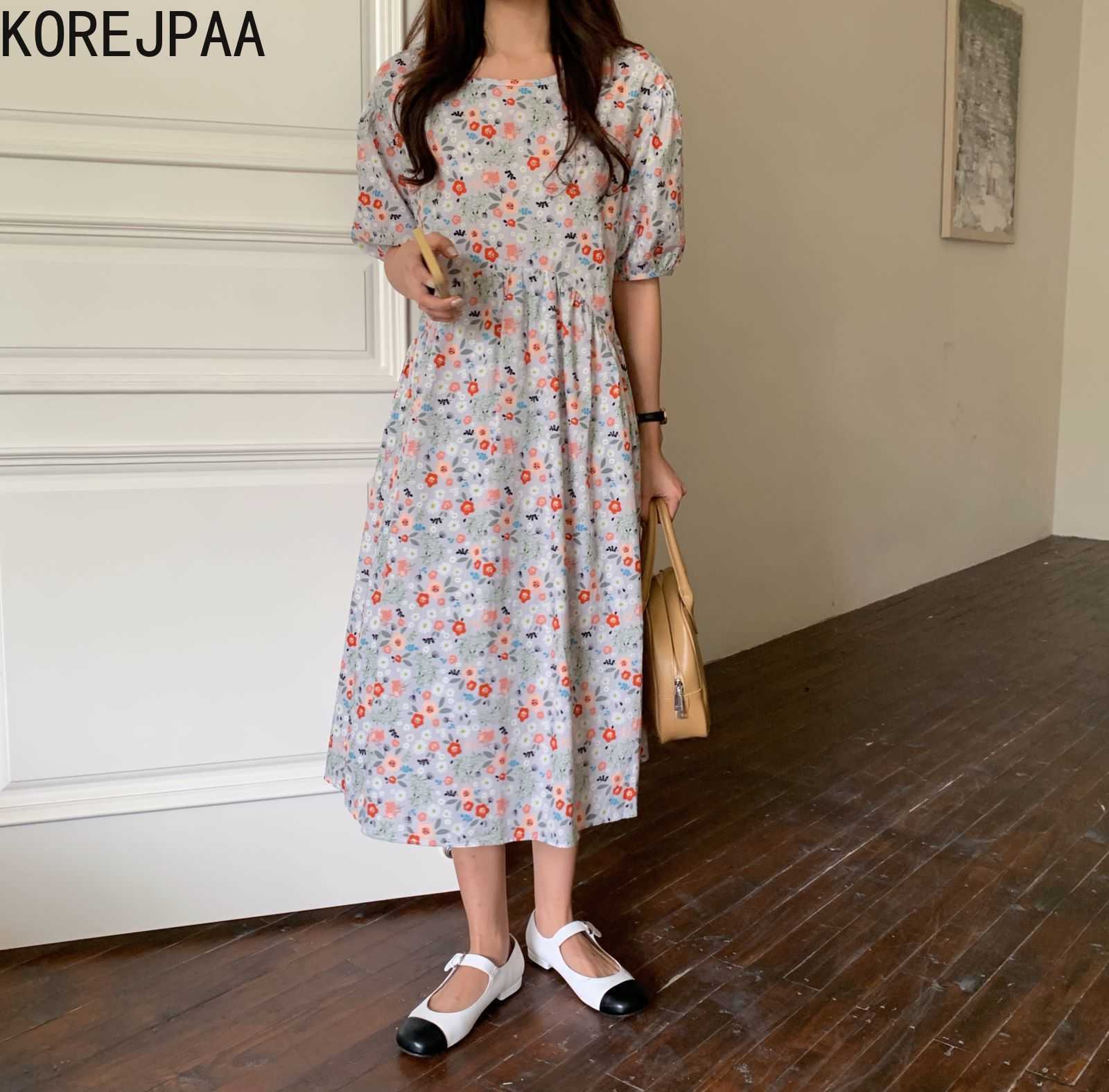 

Korejpaa Women Dress Summer Korean Chic Ladies Fresh Full Screen Floral Round Neck Loose Casual Puff Sleeve Long Vestidos 210526, Blue