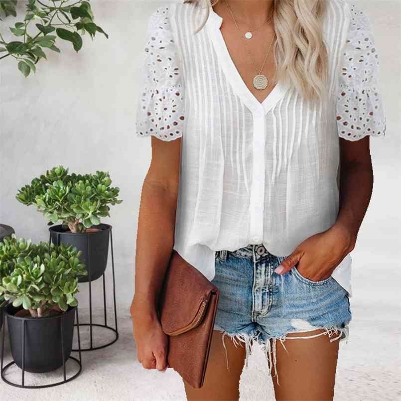 

Summer Style Elegant Lace Petal Sleeves Solid Color V-Neck Casual Fashion Loose Short-Sleeved Ladies Shirt 210708