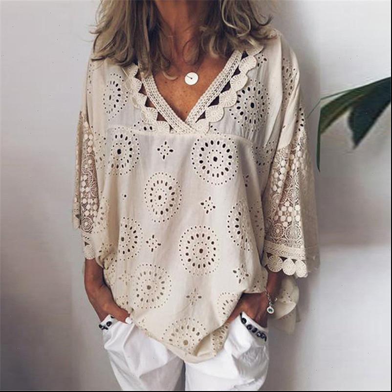 

fashion women shirts womens summer blouse shirt lady casual loose v neck hollow out lace embroidered half sleeve blouses, White