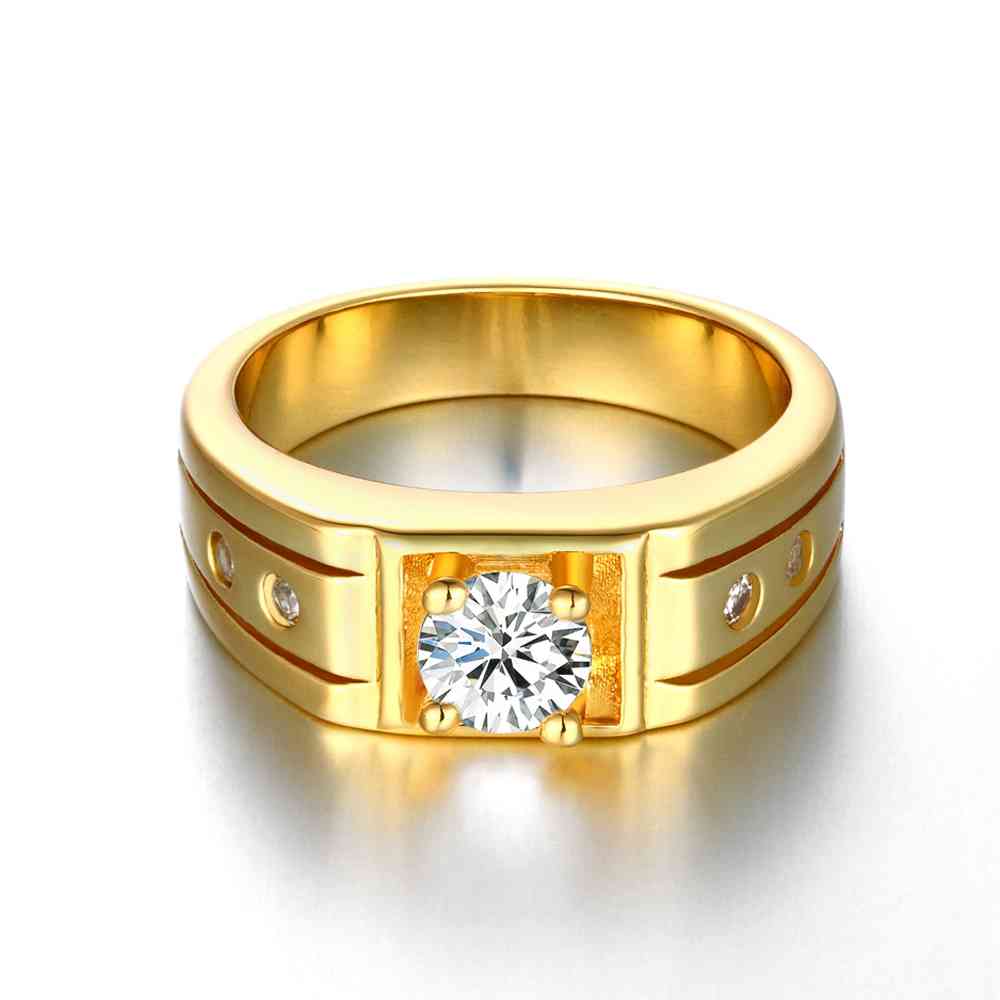 

Luxury Men Jewelry Platinum/gold/rosegold Plated Solitaire Bezel Set Cz Crystal Groove Band Pinky Ring Us Size#8-10, Golden;silver