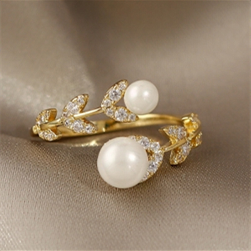 

Luxury Creative Zircon Leaf Pearl Gold Opening Ring For Woman Korean Fashion Jewelry Gothic Party Girl's Unusual Rings