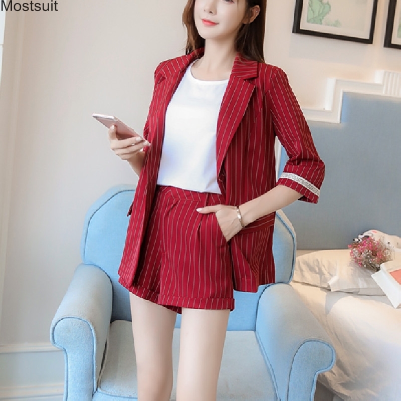 

Elegant Striped Summer 2 Piece Set For Woman Shorts Suit Sets Notched Blazer Jacket & Office Wear Suits Female 210518, Navy blue