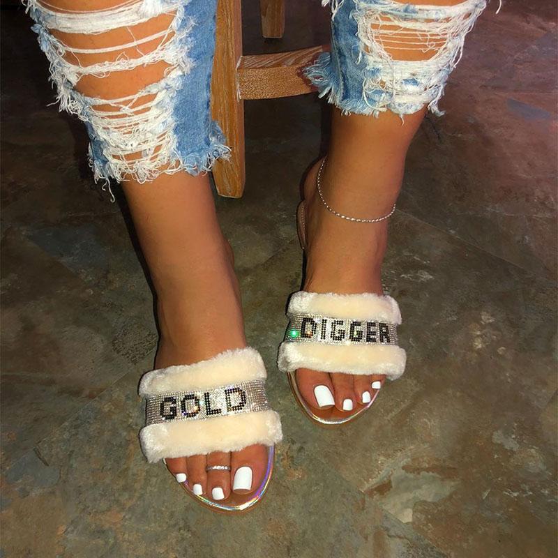 

Fur Slippers With Diamante Letters Women Furry Slides Flat Shoes Designer Chaussure Femme Frauen Schuhe Zapatillas De Casa Mujer, Black