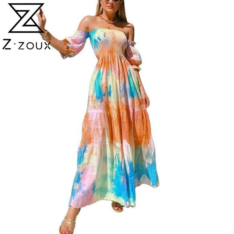 

Women Dress Puff Sleeve Off Shoulder Beach Dresses Plus Size Color Matching Sexy Long Bohemian 210524, Beige
