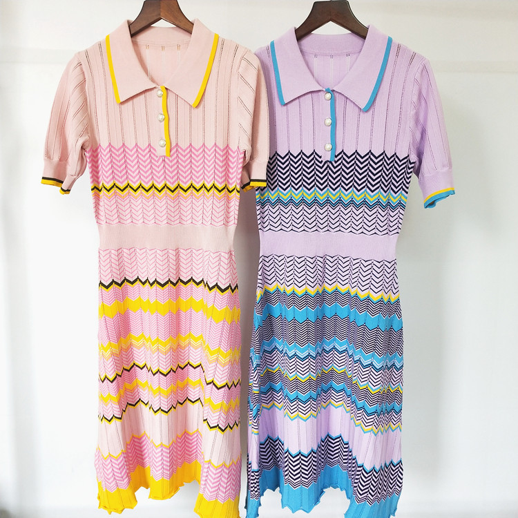 59% Off Factory Outlet Store summer wave stripe Lapel pearl button knitted dress-image-710535301