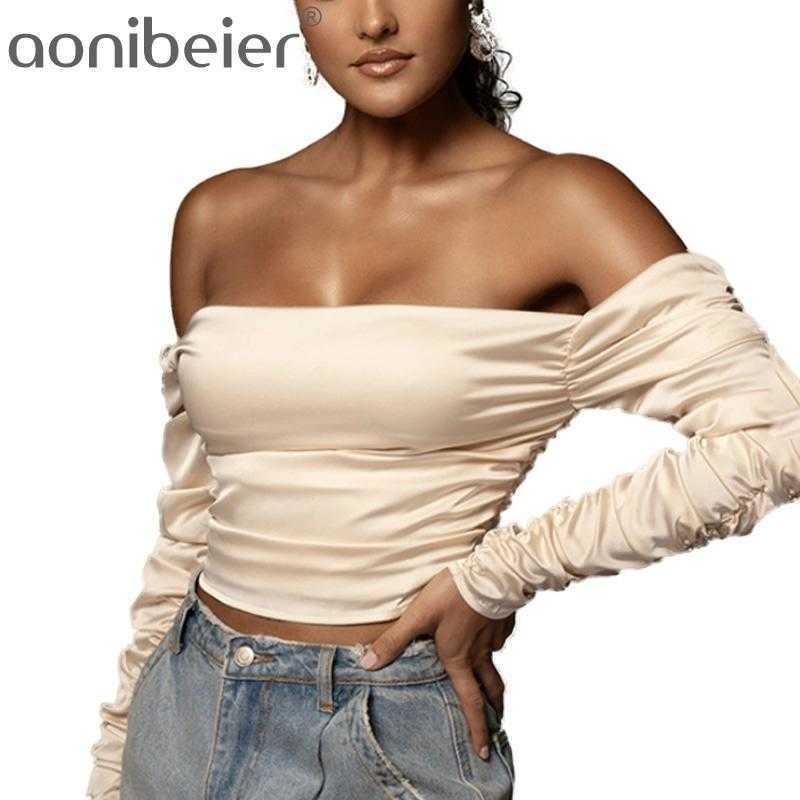 

Square Collar Satin Ruched Puff Sleeve Women' Top and Blouse Off Shoulder Sexy Black Blouses Elegant Vintage 210604, Brown