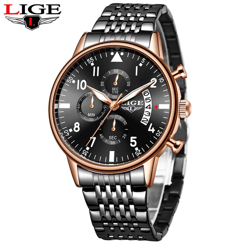 

Wristwatches LIGE Fashion Black Mens Watches Watch Men Militray Waterproof Quartz For Man Sport Chronograph Clock Male, Slivery;brown