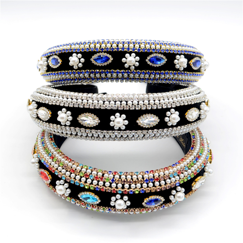 

Handmade Women Full Rhinestone Pearl Beads Hairband Wide-Brimmed Headband Bridal Crown Hair Hoop Hair Accessories Wedding