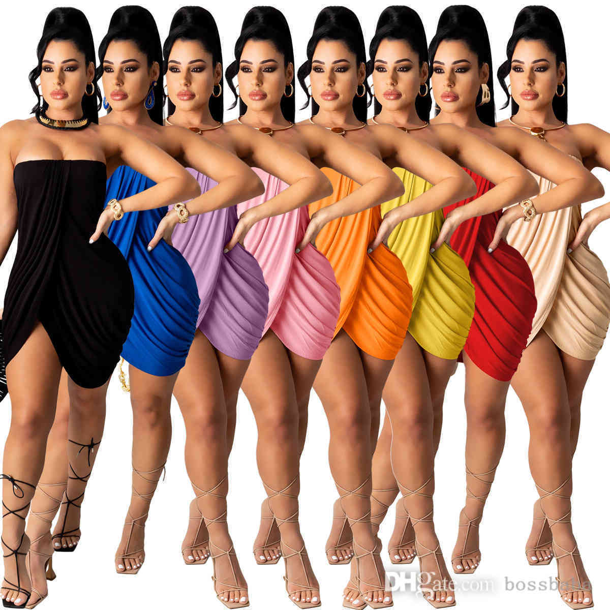 

Summer Women Strapless Dress Off Shoulder Skirts Crop Top Bodycon Split Skirts Sexy Clothes Plus Size -2XL Skinny Hip Skirt, Khaki