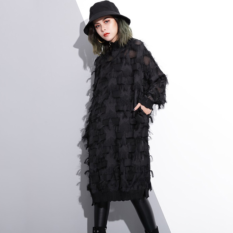 

2021eam 2021 new spring autumn stand collar long sleeve perspective black loose tassels big size dress women fashion tide ji780, Black;gray