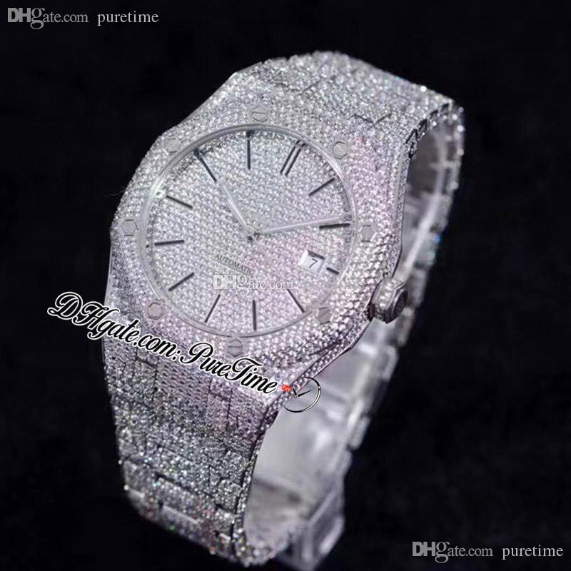 

2021 Paved Diamonds 15400 A3120 Automatic Mens Watch Stick Markers Fully Iced Out Diamond Stainless Steel Bracelet Super Luxury Jewelry Watches Puretime B2, Enhanced waterproof service