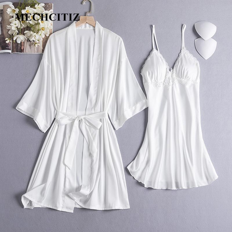 

Women's Sleepwear MECHCITIZ Sexy Female Silk Robe Set Summer Kimono Bathrobe Lace Bath Gown Wedding Night Dress Home Clothes Nightwear, Black