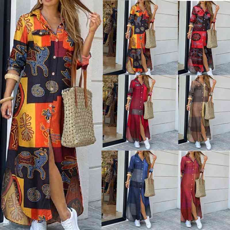 

autumn new women's fashion sleeve shirt skirt long print dress, Black;gray
