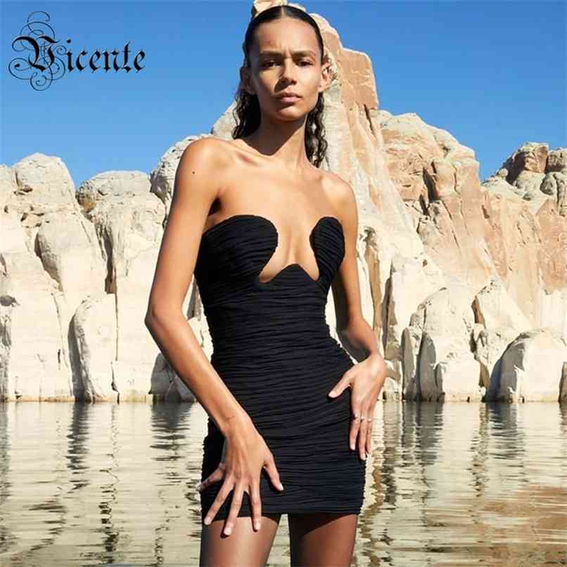 

Trendy Draped Design Sexy Strapless Sleeveless Celebrity Party Club Mesh Black Mini Dress Vestido 210520
