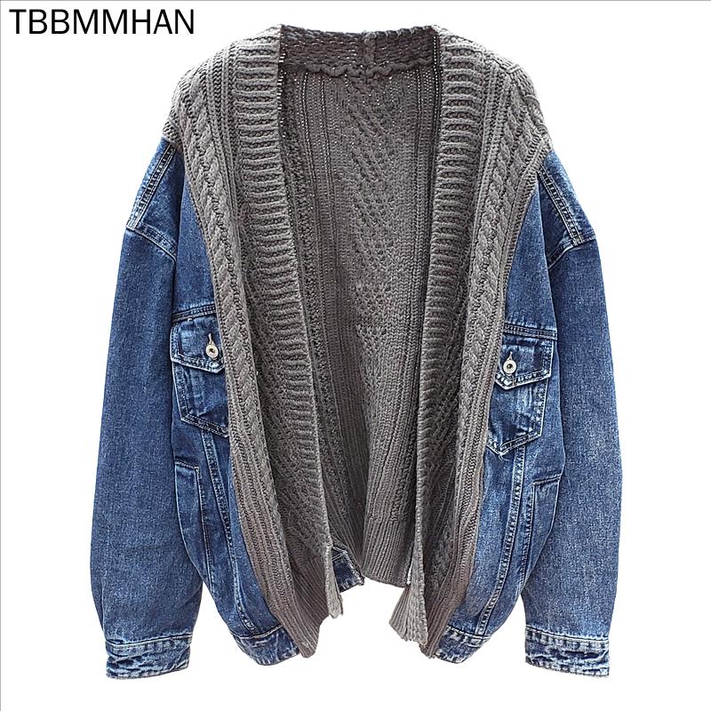 

Women's Jackets Spring And Autumn Korean Loose Sweater Stitched Denim Jacket Long Sleeve Short Knitted Cardigan, Black
