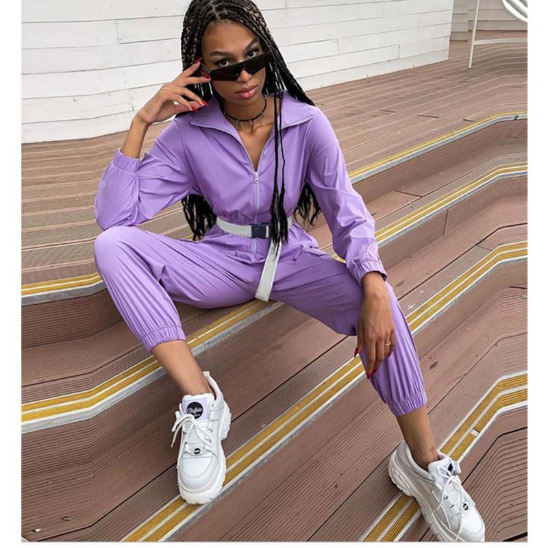 

Women' Jumpsuits & Rompers Fashion Women Zipper Stand Collar Big Pocket Loose Belt Casual Cargo Overalls Purple Playsuits Tracksuit