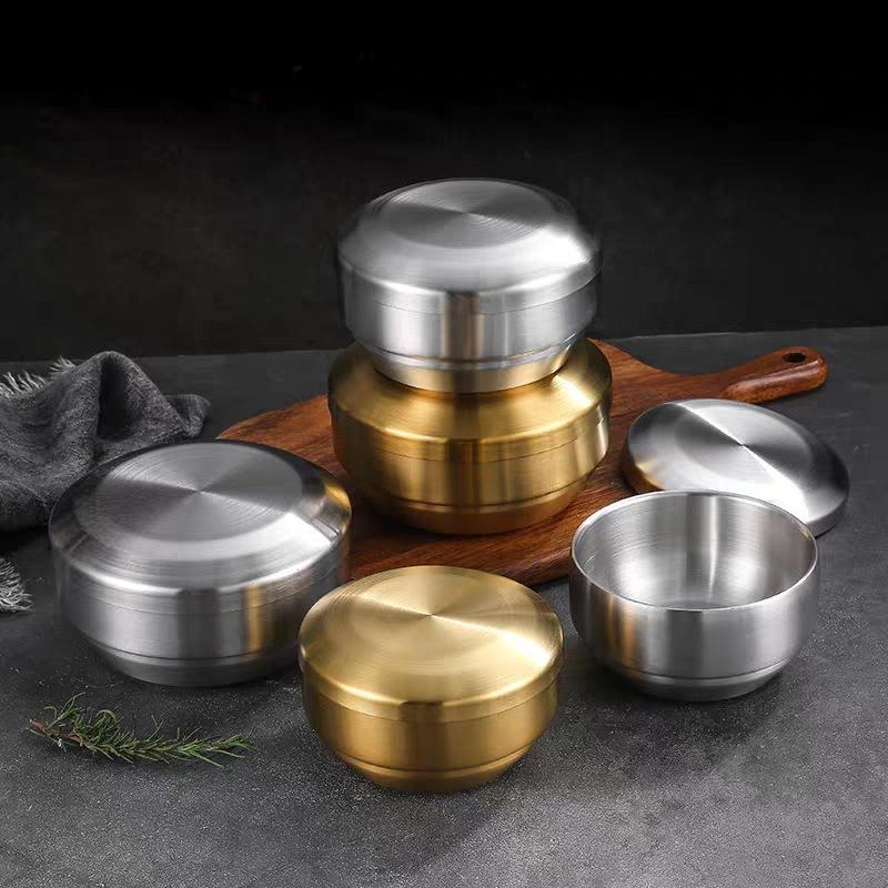 

Korean Stainless Steel Double Rice Bowl With Lid Soup Steamed Anti-Scalding Child Small Cuisine Bowls