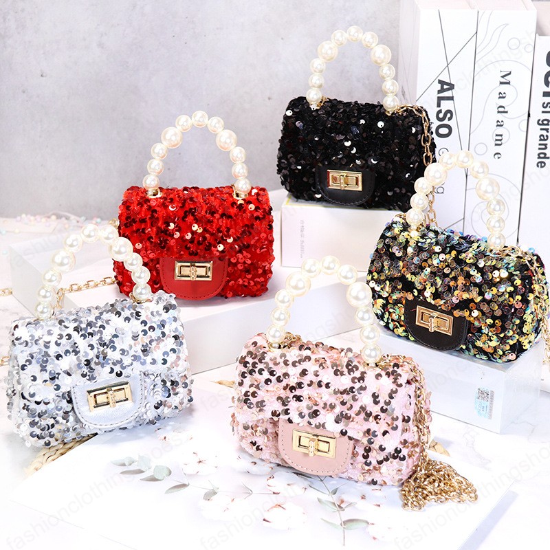 

Kids Handbags Fashion Bag Girls Bags Children Accessories Summer Mini Women Purse Children's Shoulder Messenger Handbag Sequin Princess Chain Pearl