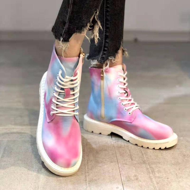 

Spring Autumn Women's Shoes Colorful Boots Flat Heel Low Top Female Round Toe Lace Up Ankle Fashion 2021, Black