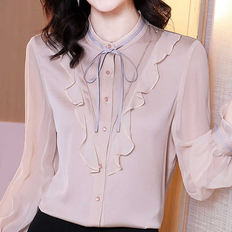 

Long Sleeve Blouse Women Blusas Mujer De Moda Ruffles Stand Collar Solid Chiffon Blouse Shirt Tops Women Blouses Blusa E160 210602, As picture