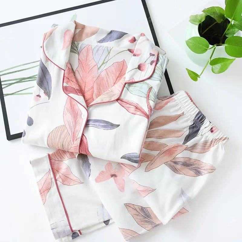 

Spring Leaves Printed Women's Pajama Cotton Plus Size Two-piece Set Brief Fashion Long Sleeve Home Clothes Female Sleepwear 210708, Shorts suit