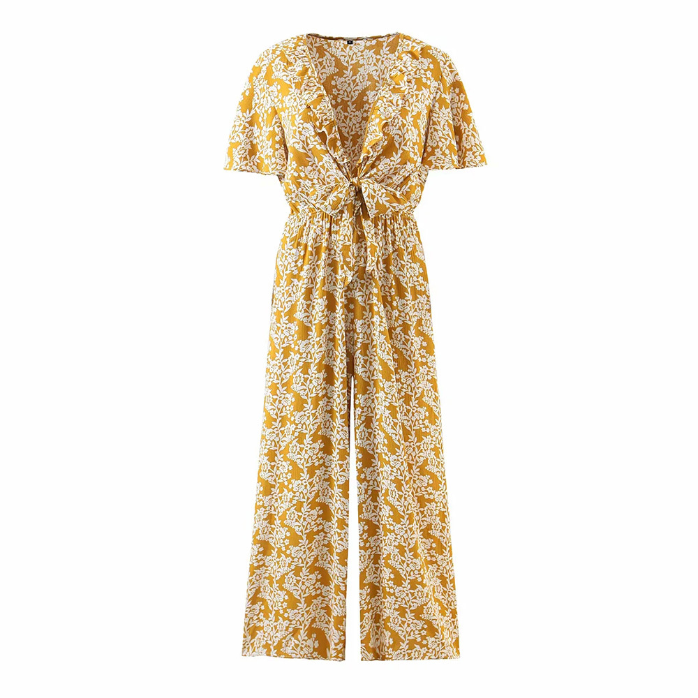 

BBWM Elegant Beach Vacation Floral Jumpsuit Boho Wide Leg Long Romper Jumpsuits Deep V-neck Tie A Knot Summer Jumpsuit 210520, Multi