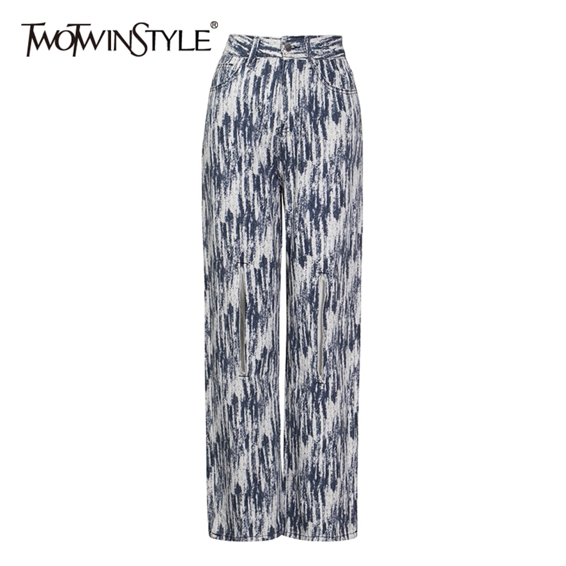 

Casual Print Trousers For Women High Waist Patchwork Hole Loose Straight Wide Leg Pants Female Spring Clothing 210521