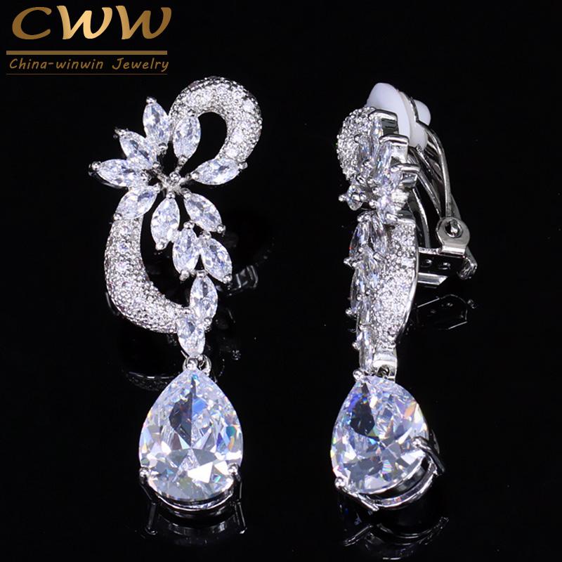 

Clip-on & Screw Back CWWZircons Fashion Water Drop Cubic Zirconia Setting Ear Clip No Pierced Earrings For Women Wedding Jewelry Gift CZ, Silver