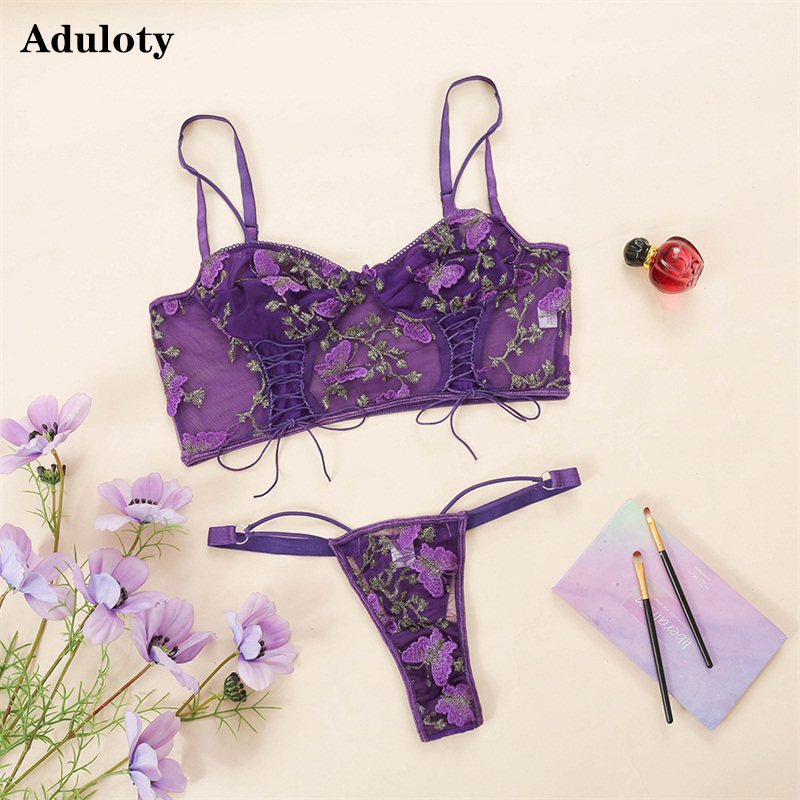 

Womens sexy lace-up bra and panties set suspenders underwear butterfly embroidery set thin mesh see-through erotic Lingerie, Red