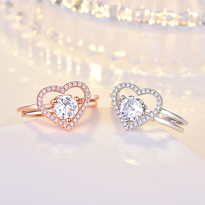 

2in1 Cubic Zirconia Ring Band Combination splicing Open Adjustable Hollow Heart Rings stacking Women Girls Fashion jewelry will and sandy, Golden;silver