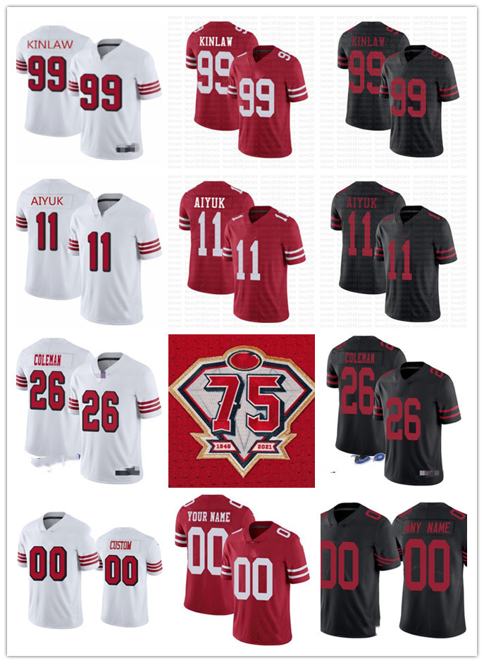 

75th Men Women Youth 11 Brandon Aiyuk 99 Javon Kinlaw 26 Tevin Coleman custom red Black White Football Jerseys, Colour