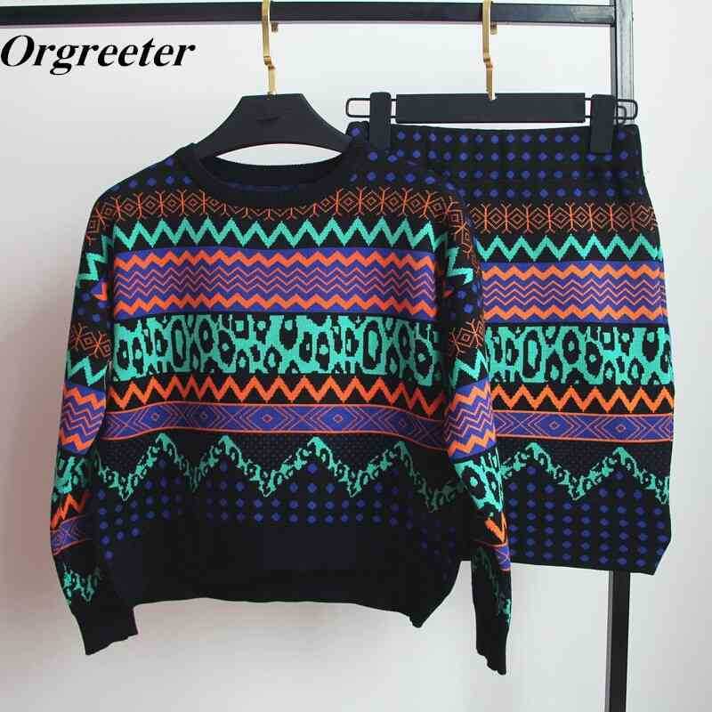 

Autumn Winter Fashion Vintage Contrast Colo Geometric Pattern Print Sweater and Mini Skirt Two piece sets Women Knitting Set 210525, Black
