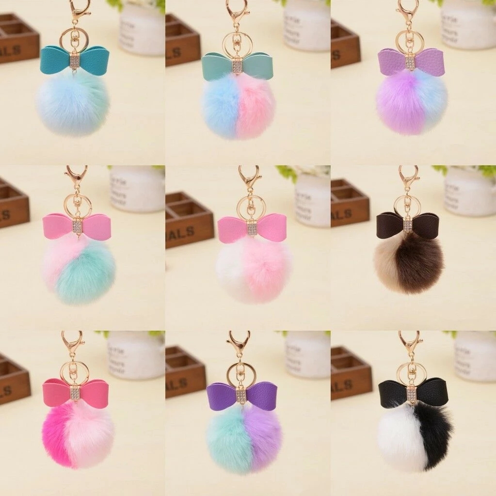 

Fashion Fluffy Rabbit Fur Double Color Ball Key Chain Bow-knot Pompom Fur Keychain Women Car Bag Key Ring
