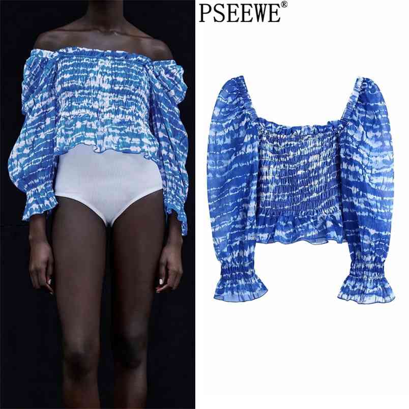 

Blue Tie Dye Chiffon Blouse Woman Fashion Long Puff Sleeve Off Shoulder Crop Top Women Elastic Ruffle Summer 210519