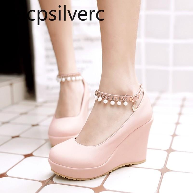 

Dress Shoes Pumps Spring And Autumn The Fashion String Bead Round Head Shallow Mouth Buckle High Heel Wedge Women's 34-39, Beige