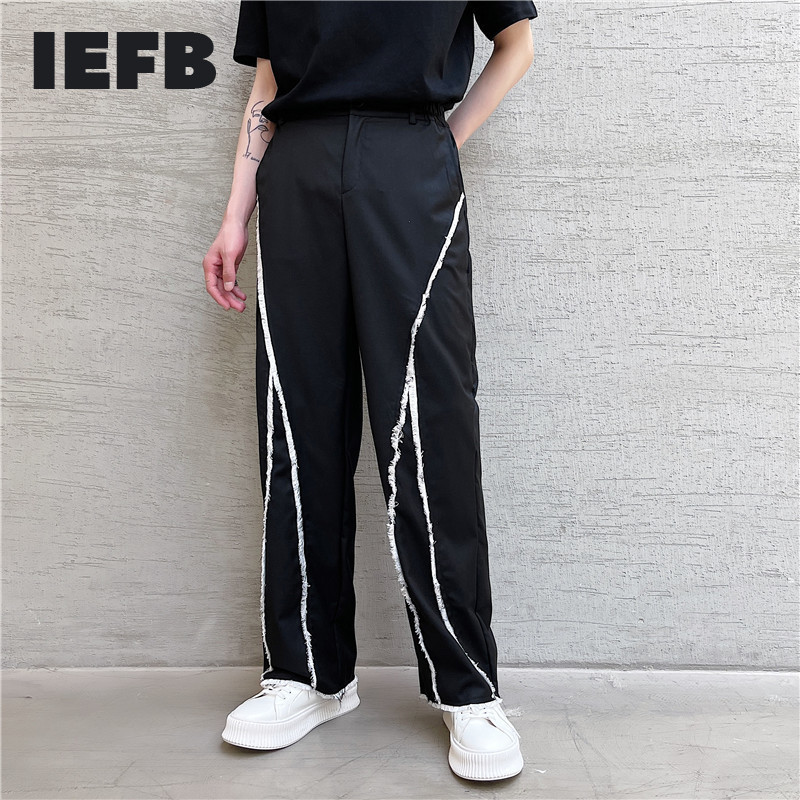 

IEFB Niche Design Black Casual Sports Pants Men's Wide Leg Suit Pants Loose Straight Black White Raw Edage Patchwork Trousers 210524