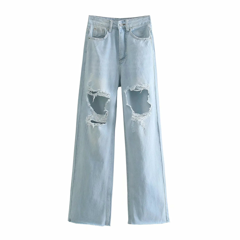 

BBWM Woman Jeans Clothes High Waisted Ripped Summer Streetwear Baggy Wide Leg Vintage Fashion Straight Pants 210520, As picture