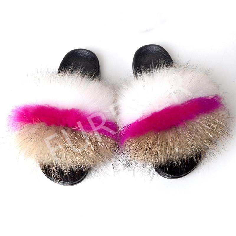 

Slippers Women's Winter Plush Shoes Real Fur Woman Slides Fashion Fluffy Striped Furry Sandals Female Mules 45, Black
