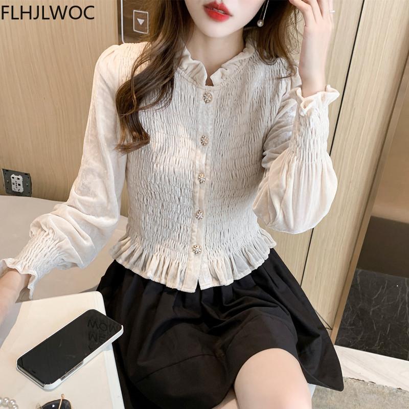 

Women's Blouses & Shirts 2021 Autumn Winter Basic S Fashion Korea Chic Women Cute Sweet Girls Retro Vintage Black Short Velvet Ruffles Top, White