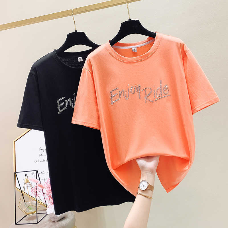 

plus size Summer Tops Short Sleeve T Shirt Women Diamond T-Shirt Female Korean Cotton Tshirt Woman Clothes Tee Shirt Femme 210604, Black