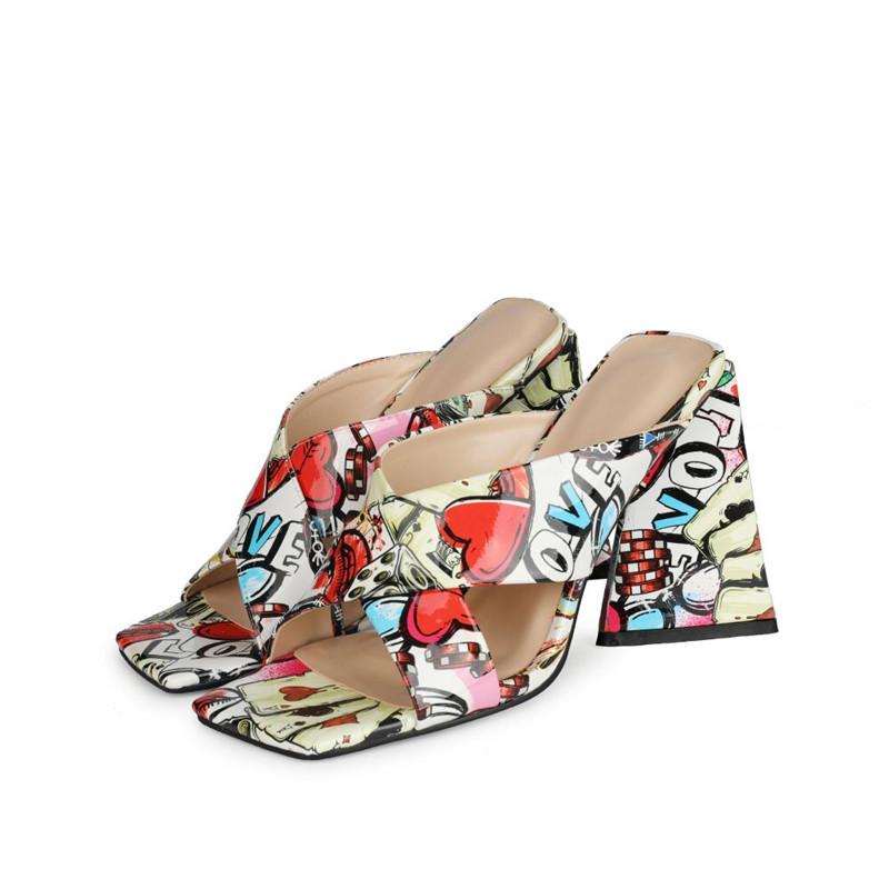 

Sandals Fancy Graffiti Chunky Women Heel Shoes Mixed Colors Square Open Toes Cross Surface Summer High Slides, Black