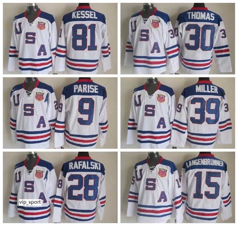 

2010 USA Hockey Jersey Ice Team OLYMPIC Blue 9 Zach Parise 88 Patrick Kane Phil Kessel 28 Brian Rafalski 39 Miller 15 Langenbrunner, 9 white