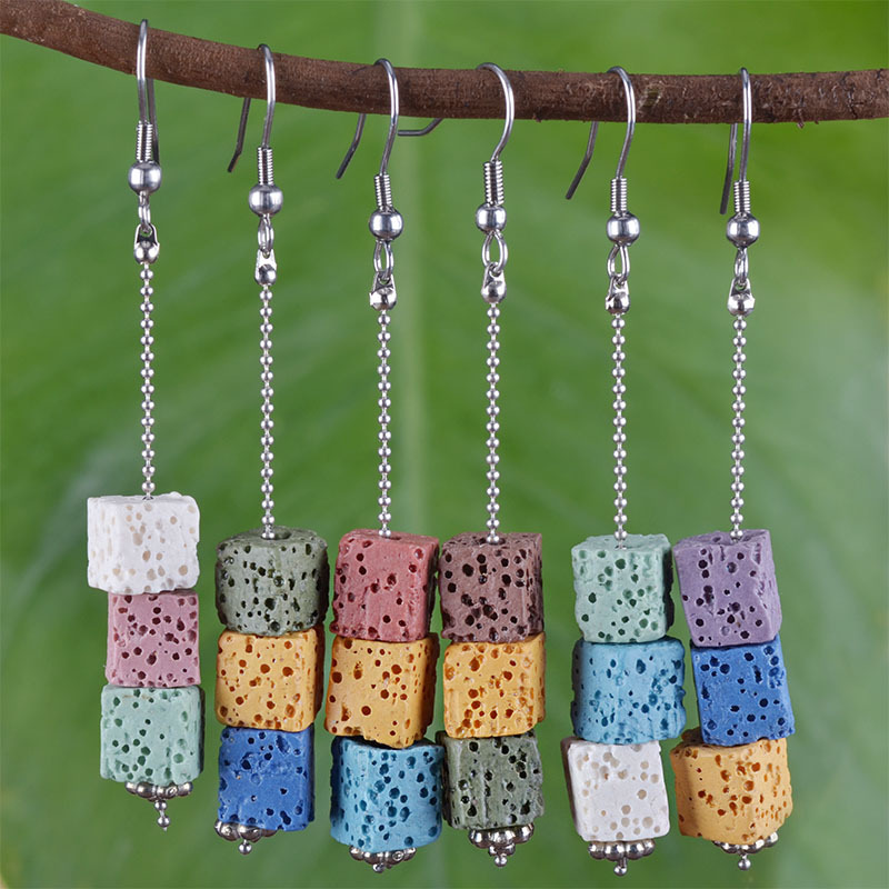 

Bohemia Long Lava Stone Beads Charms Earrings DIY Essential Oil Diffuser Jewelry Women Volcanic Cubic Earring