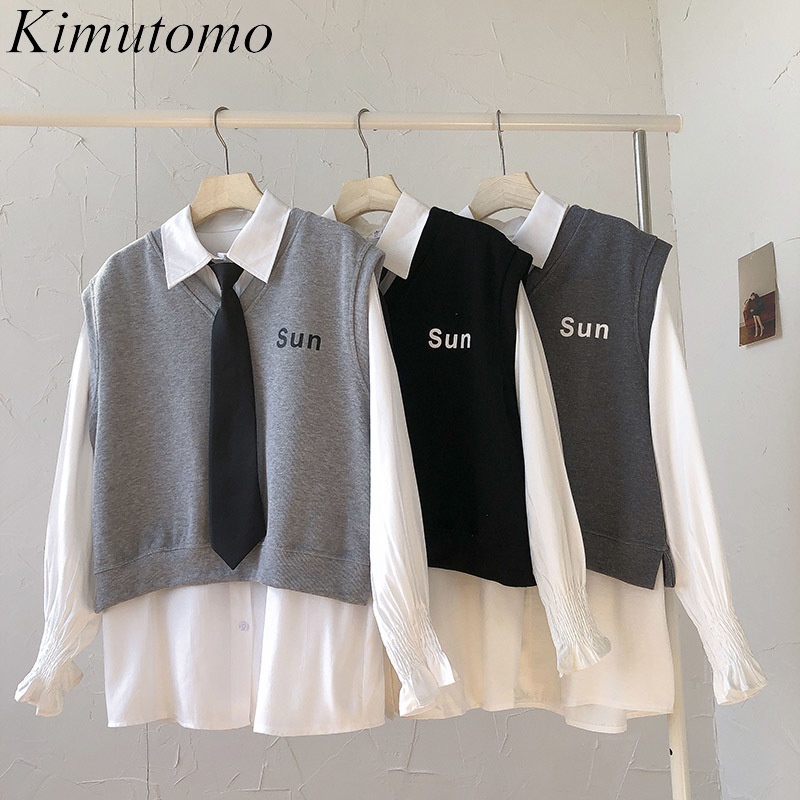 

Kimutomo Fashion 2 Piece Sets Womens Outfits Preppy Style Letter Print Sleeveless Knitted Vest and Solid Blouse Tie Loose 210521, Beige
