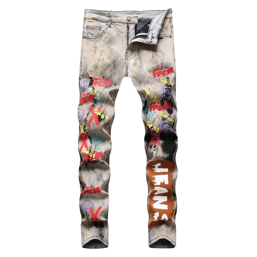 

GINZOUS Men's Tie and Dye Letters 3D Printed Jeans Fashion Holes Ripped Stretch Denim Pants Slim Straight Trousers, Gray