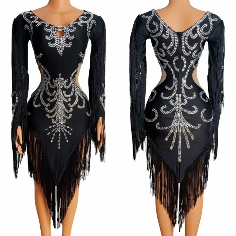 

Stage Wear Sexy Black Women Birthday Evening Party Rhinestones Fringes Dresses Mesh Transparent Dress Latin Dance Costume