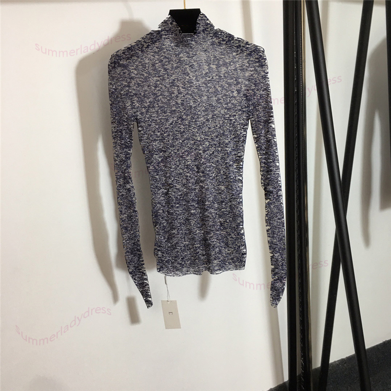

Full Letter T Shirt Thin Long Sleeves Perspective Printed High Collar Bottoming Shirts Fashion Pattern Tight Pullover, Blue